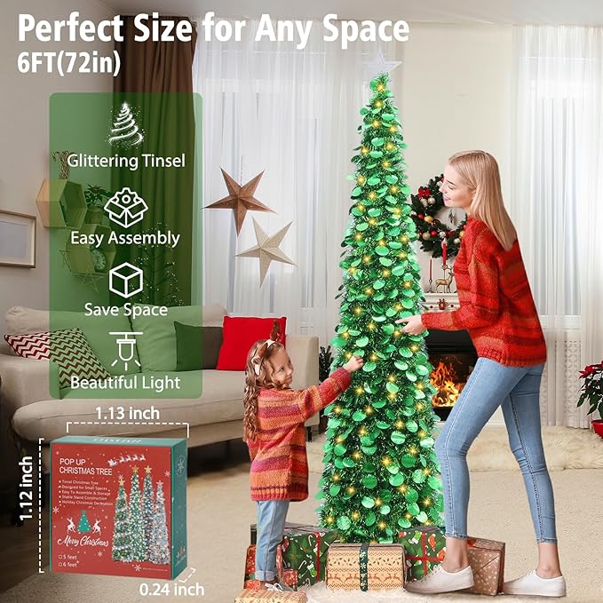 HMASYO 6 FT Pop Up Christmas Tree with 100 LED Lights & Remote, Green Christmas Tinsel Tree, Collapsible Artificial Pencil Tree for Home Office Party Decor, USB Powered Timer Lights, Easy Assembly