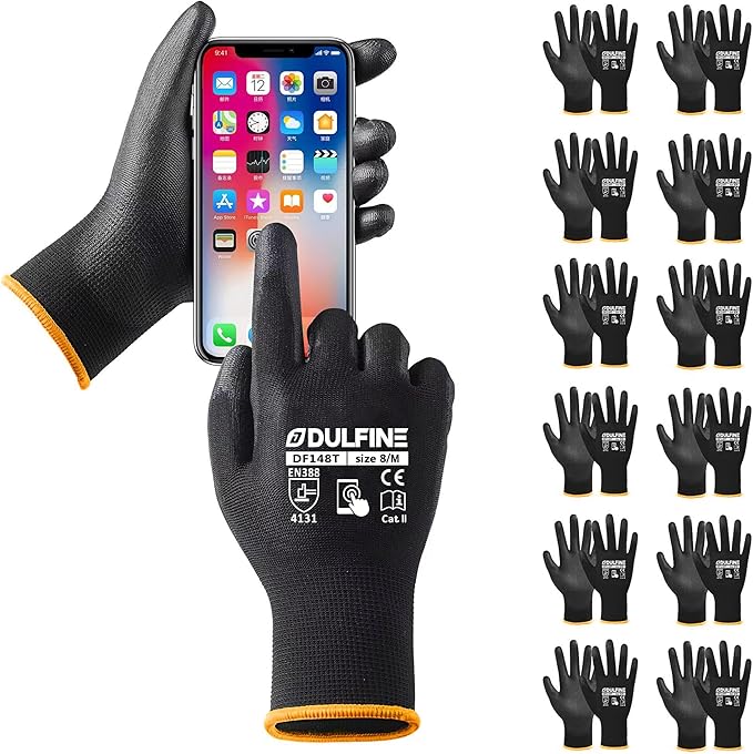 Safety Work Gloves PU Coated for Men and Women-12 Pairs,Black Seamless Knit Glove with Two Fingers Touchscreen,Ideal for General Duty Work (Medium)