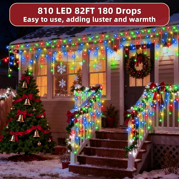810 LED Christmas Lights Outdoor 82FT with 180 Drops, Christmas Decorations Hanging Lights 12 Modes, Dimmable Outsite Fairy String Lights for Wedding Party Holiday Winter Wonderland Decor Multicolor
