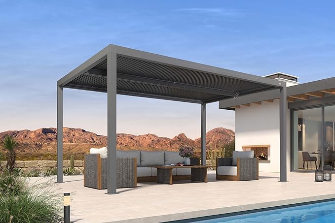 PURPLE LEAF Louvered Pergola 10' x 13' Outdoor Full Aluminum Pergola with Adjustable Rainproof Roof Modern Retractable Patio Hardtop Gazebo for Deck Backyard Garden Slate Grey