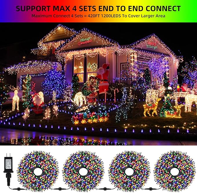 105FT 300LEDs Christmas Lights Outdoor Indoor String Lights 8 Modes Memory Function for Christmas Tree Party Decoration, 100% UL Listed (4 Sets CONNECTABLE) Multi-Color