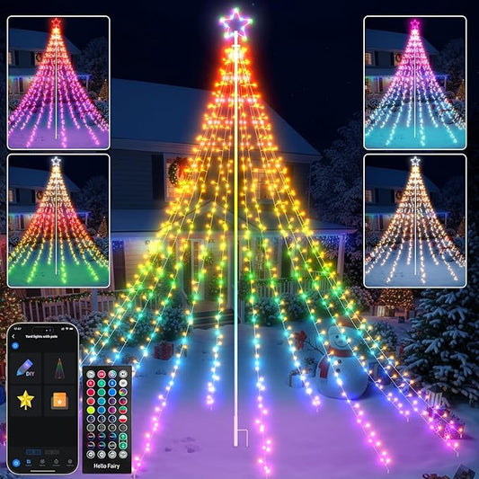 12FT 740LEDs Smart Outdoor Christmas Tree Lights With Sturdy Iron Pole, App Control DIY Color Changing, Music Sync, Timer, 100+ Modes Waterproof Large Star Waterfall Light for Outside Yard Lawn Decor