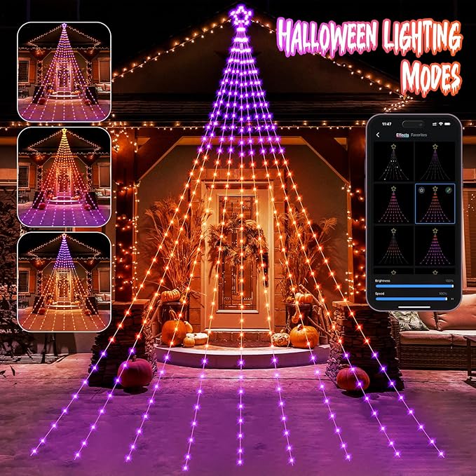 Outdoor Halloween Decorations 23FT RGB Color Changing Hanging Waterfall String Lights with Star, APP Remote Control, DIY Multi-Color Lightshow, Music Sync, Xmas Halloween Decor