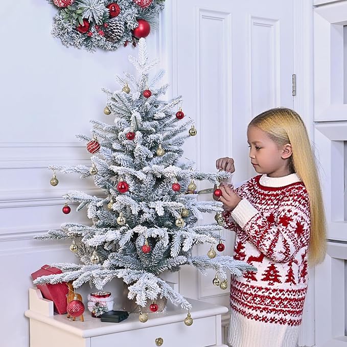 Prelit Flocked Christmas Tree, Artificial Small Christmas Tree with 100 Warm White & Multi Color Led Lights, Frosted LED Xmas Tree with Snow (3FT-Lights)