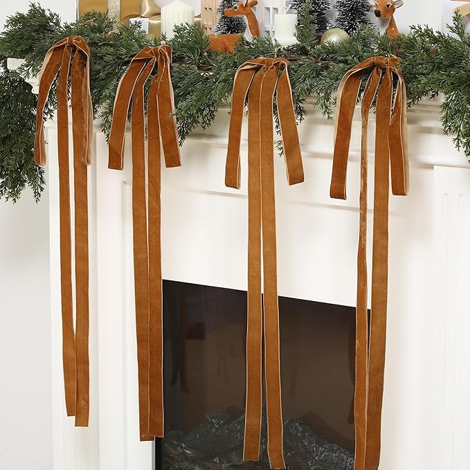 Janinka 6 Pcs Light Brown Velvet Christmas Swag Bow 31.5 x 23.6 inch Large Neutral Christmas Ornament Vintage Rustic Velvet Staircase Wreath Bows Xmas Tree Topper Bows Large Bow for Outdoor