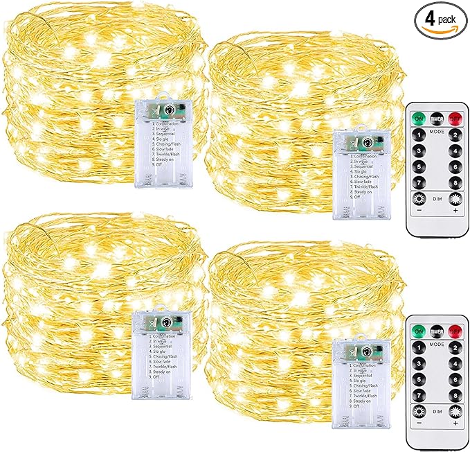 4 Pack 60LED Christmas Battery Operated Fairy Lights with Remote, 8 Modes String Lights with Timer, Dimmable, Memory Function, Waterproof Twinkle Lights for Outdoor Indoor Christmas Decor(Warm White)