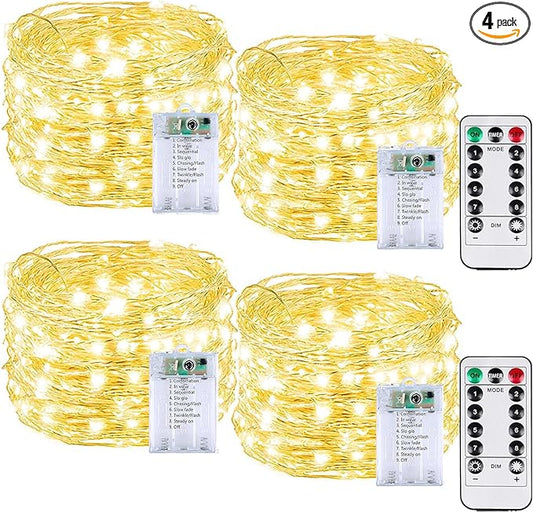 4 Pack 60LED Christmas Battery Operated Fairy Lights with Remote, 8 Modes String Lights with Timer, Dimmable, Memory Function, Waterproof Twinkle Lights for Outdoor Indoor Christmas Decor(Warm White)