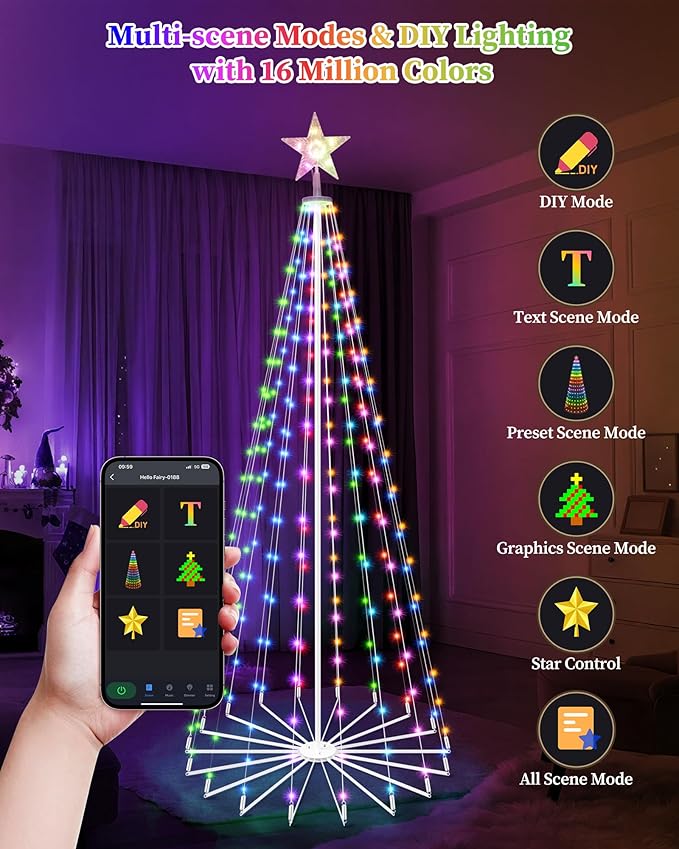 Brightever 9FT 460 LED Smart Cone Christmas Tree, Outdoor Prelit Christmas Tree with 16 Million DIY RGB LED Light Show, Remote APP Control Color Changing Music Sync for Xmas Outdoor Decorations