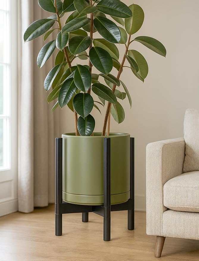 D'vine Dev Ceramic Planter with Ebony Stand - 12 Inch Modern Round Flower Pot with Wood Planter Holder, Olive, 55-B-H-J