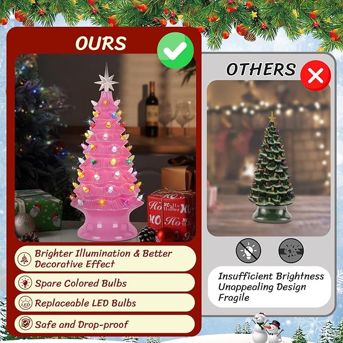 Lakumu 16.5" Table Top Christmas Tree, Hand Painted Resin Christmas Tree with Lights, Pre-lit Xmas Tree Decor Lighted Tabletop Decoration with Multicolored LED Bulbs, Ceramic-Like Finish, Pink