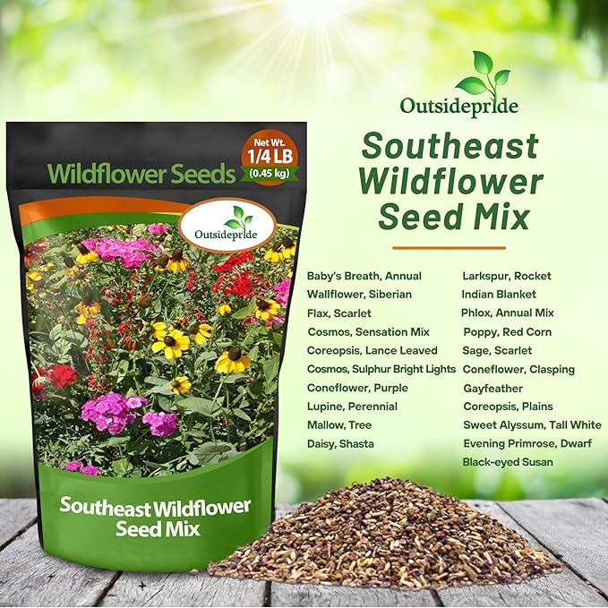 Outsidepride Southeast Wildflower Seed Mix - 1/4 lb Highly Adaptable, Easy to Grow, Low-Maintenance Mix of Annual & Perennial Wildflower Seeds for Natural Landscapes in Southeastern States