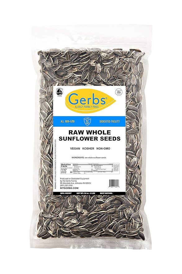 Gerbs Raw Whole Sunflower Seeds 2 lbs. | In-Shell, No Additives, Resealable Bag | Crack-and-Eat Crunchy Snack | Top 14 Allergen-Free
