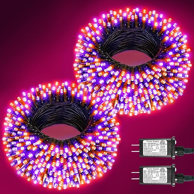 2 Pack Halloween Lights Outdoor, Total 200FT 600 LED Purple Orange String Lights for Outside with 8 Modes Waterproof, Plug in Halloween Decorations for Indoor House Patio Garden Party Holiday