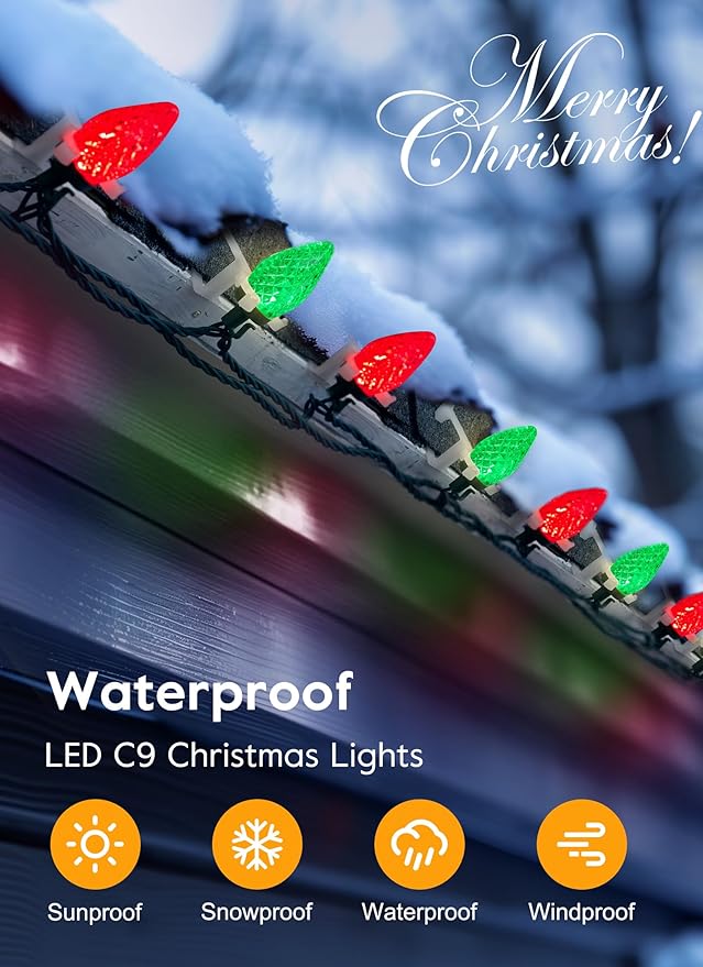 C9 LED Christmas Lights Outdoor, 68 Ft 100 LED C9 String Lights with 100 All in One Clips, Connectable Waterproof Christmas Tree Lights for Outside Roofline Backyard Garden Decor, Red & Green