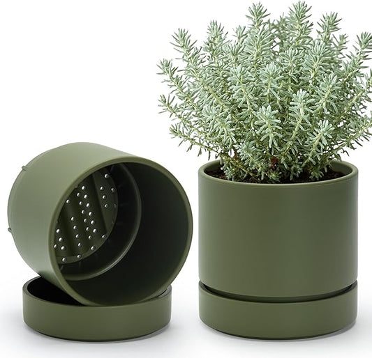 Phoenix Vine 6 Inch Planter Pot with Drainage Hole & Saucer, Deep Water Catch Tray, Straight Cylindrical Round Pot for Plants, Olive, Pack of 2, 23-F-S-2