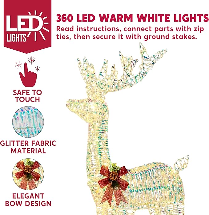 JOIEDOMI 3 Pcs Christmas Iridescent Reindeer Family Set Yard Light Decorations, 360 LED Warm White Lights with Metal Stakes for Indoor Outdoor Garden Holiday Décor, Christmas Eve Night Décor