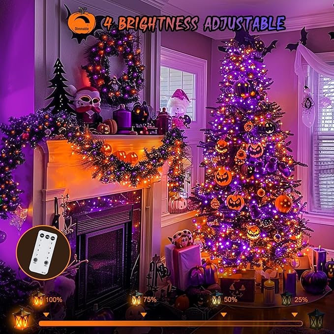 JMEXSUSS 600 LED Halloween String Lights Outdoor, Orange and Purple Halloween Lights Clear Wire, Twinkle String Lights Plug in for Tree Christmas Decorations