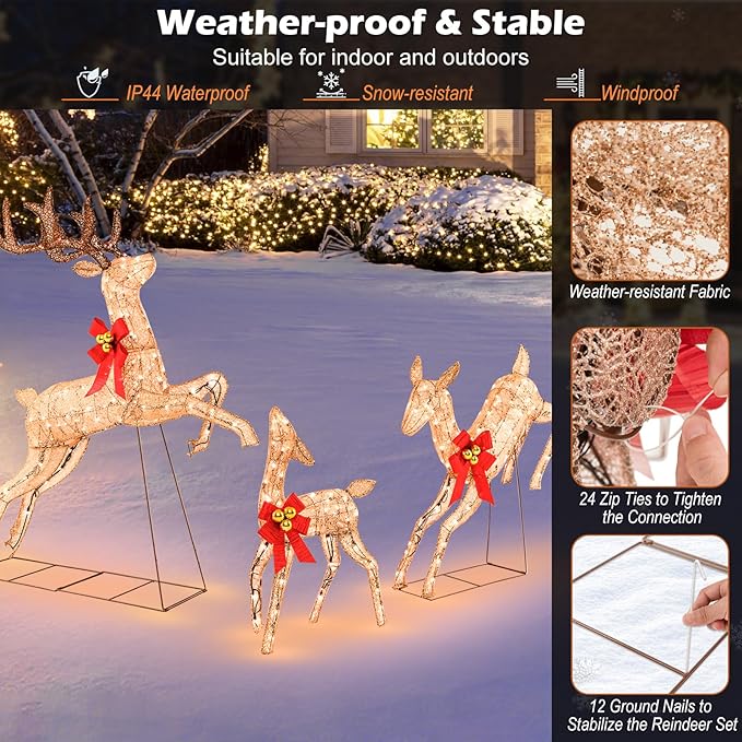 Tangkula 3 Pieces Lighted Christmas Reindeer, Holiday Reindeer Family Set with 255 Warm White Lights, Stakes, Indoor Outdoor Reindeer Christmas Decoration for Lawn Yard Garden
