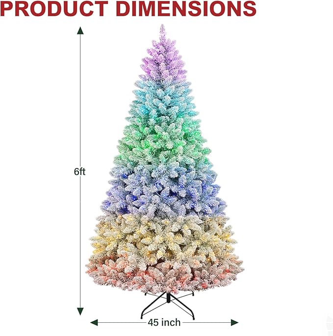 Hykolity 6ft Pre-lit Flocked Christmas Tree with Remote Control, 250 Multi-Color RGB Lights,1032 PVC Branch Tips, 15 Mode Artificial Hinged Christmas Tree for Home