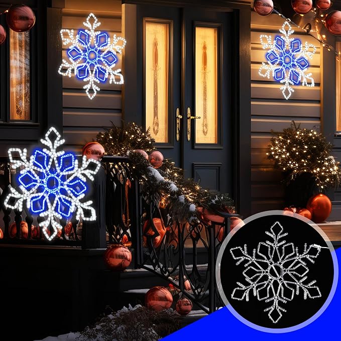 36 Inch Christmas Snowflake Lights Outdoor Decor, Waterproof Blue & White LED Large Light Up Christmas Snowflake Hanging Decorations for Yard Porch Window Holiday Party Winter