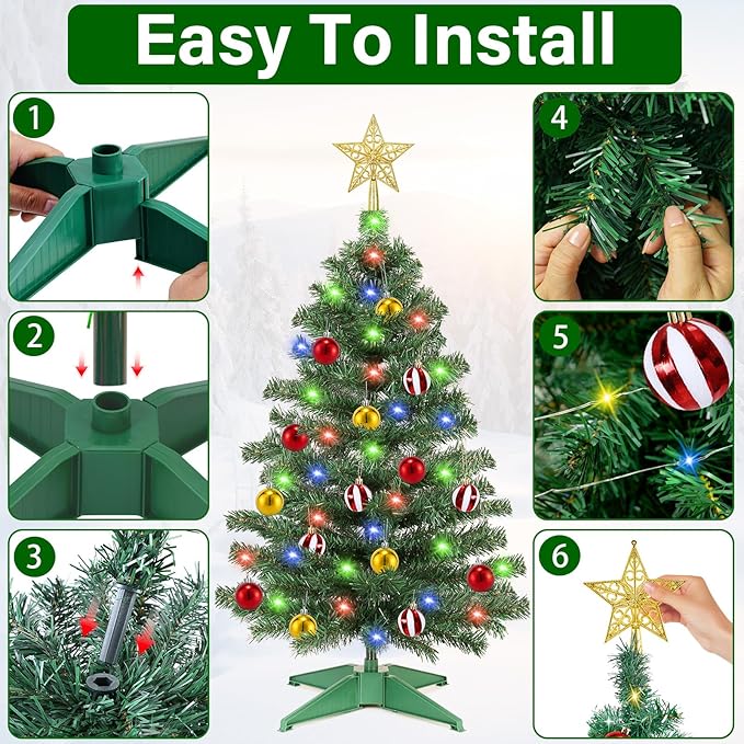 [ Timer & 12 Modes ] 3 Ft Christmas Tree with 50 Warm White & Multi Color Lights 15 Ball Ornaments 3D Star Remote Control Battery Operated Small Christmas Tree Xmas Christmas Decorations (Green PVC)
