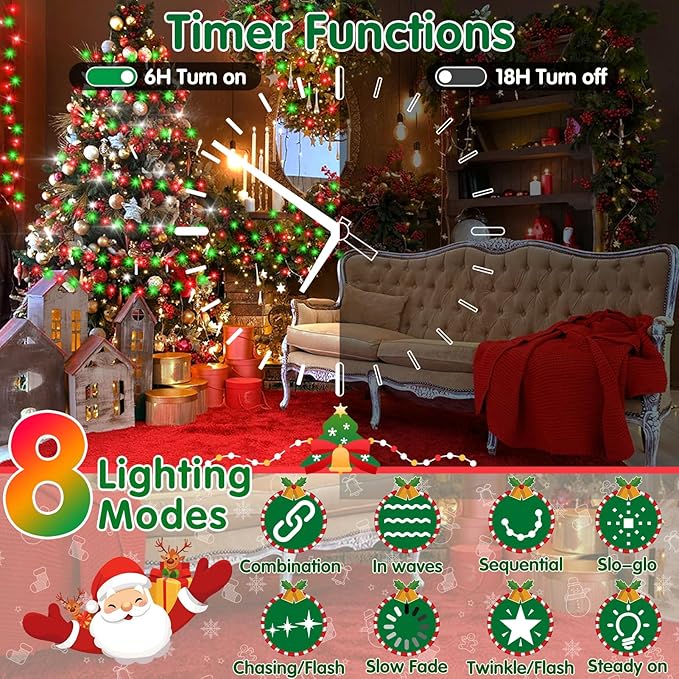 XURISEN 403FT 1000 LED Christmas Lights Outdoor Green Wire String Lights 8 Modes with Timer Memory Waterproof Fairy Light Plug in for Xmas Tree Wedding Yard Party Holiday Decorations(Red+Green)