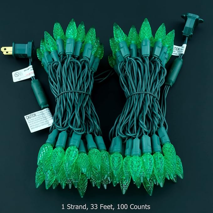 YULETIME Green C6 Strawberry LED Christmas Lights, 33 ft 100 Count 4" Spacing One-Piece High Waterproof UL Certified String Light (Green)