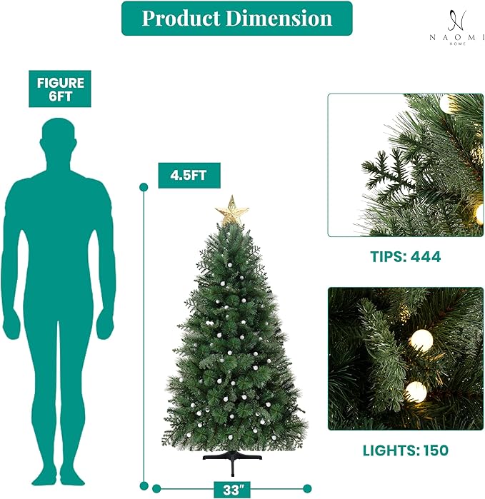 Evangeline 4.5ft Rotating Christmas Tree with Star Projector, 444 Branch Tips, 150 Warm Lights and Rotating Base, 33" Wide Realistic Traditional Christmas Tree with Lights by Naomi Home