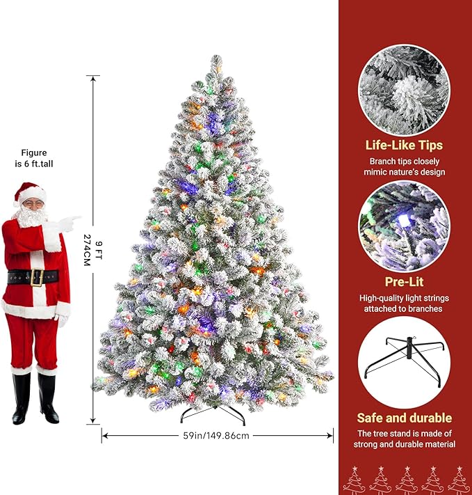 SHareconn 9ft Pre-Lit Flocked Spruce Artificial Hinged Christmas Tree with Remote, Timer and 640 Warm White & Multi-Color Lights, 2316 Branch Tips, Perfect Choice for Xmas Decoration, 9 FT, White