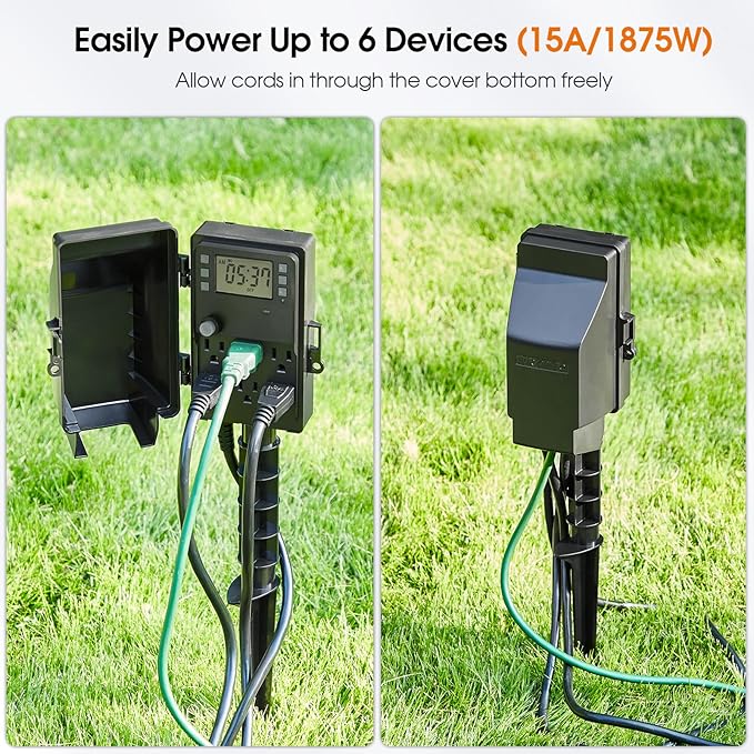 SURAIELEC Outdoor Power Stake, 7-Day Programmable Digital Timer, Power Strip Weatherproof, 6 Multi Plug Electrical Outlet Waterproof, 6FT Extension Cord, for Outside Yard Light, Halloween Decorations
