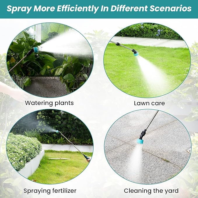 TOOVEM Electric Garden Sprayer with Battery Indicator,23.6inch Battery Powered Sprayer Wand with 16.4FT Hose,Rechargeable and Portable Spray Wand for Yard, Lawn and Garden(3 Nozzles)