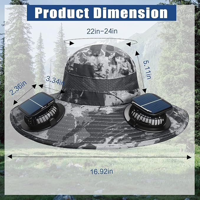 Solar Fan Hat for Men Women - Wide Brim Solar Fan Outdoor Fishing Hat with 2 Removable Fans