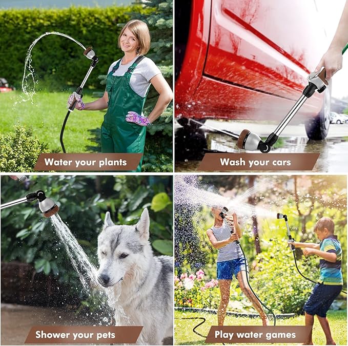 RESTMO Metal Watering Wand, Heavy Duty Garden Hose Wand with 180° Swivel Ratcheting Head, 16'' Hose Nozzle Sprayer with 7 Spray Patterns and Flow Control, for Water Hanging Baskets and Shrubs, Brown
