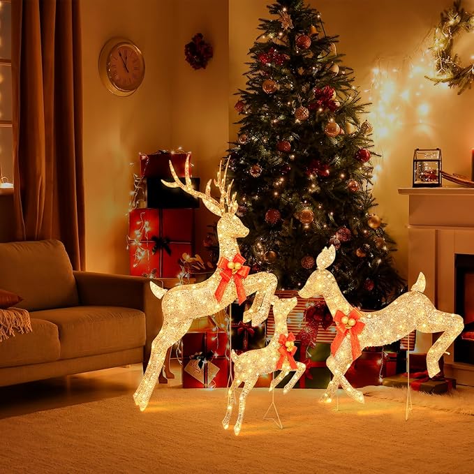 3-Piece Lighted Reindeer Christmas Decoration with 210 Warm White LED Lights, 5FT 3D Glittered Christmas Deer Family Set Outdoor Decorations, Plug in Deer Decor for Lawn Yard Patio Garden