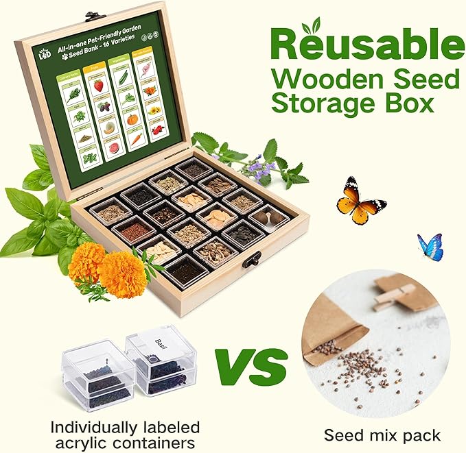 Lush&Dew Pet-Friendly Heirloom Seed Bank, Gardening Gifts for Women Men, 16 Varieties 15,000+ Non-GMO Seeds for Planting Herbs Flowers Vegetables in Raised Bed Windowsill, Annuals & Perennials