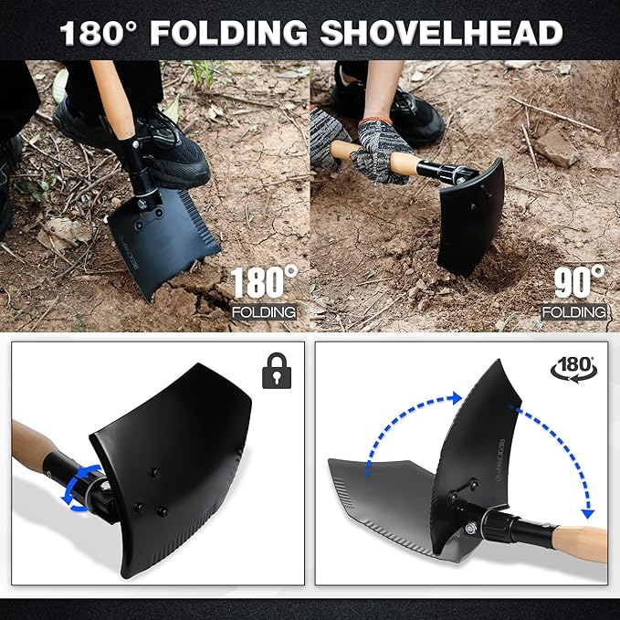 REDCAMP 23" Forces Spetsnaz Shovel, Tactical Entrenching Tool Hardwood Handle Shovel, Military Folding Camping Shovel for Camping Hiking Gardening Beach, Black