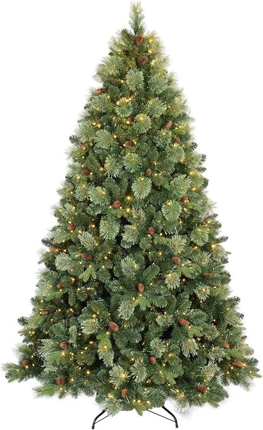 Kadunmina 8ft Prelit Christmas Tree, Artificial Carolina Pine Christmas Tree with 820 Warm White Lights, Pine Cones, 1897 Branch Tips and Metal Stand for Home, Office, Holiday Party Decoration