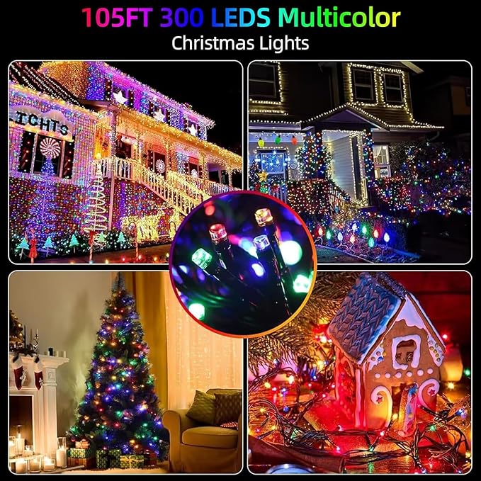 Motion Sensor Music Christmas Lights Outdoor Indoor, 108FT 300LED Christmas Tree Lights, Multicolor Christmas String Lights for Tree Party Holiday