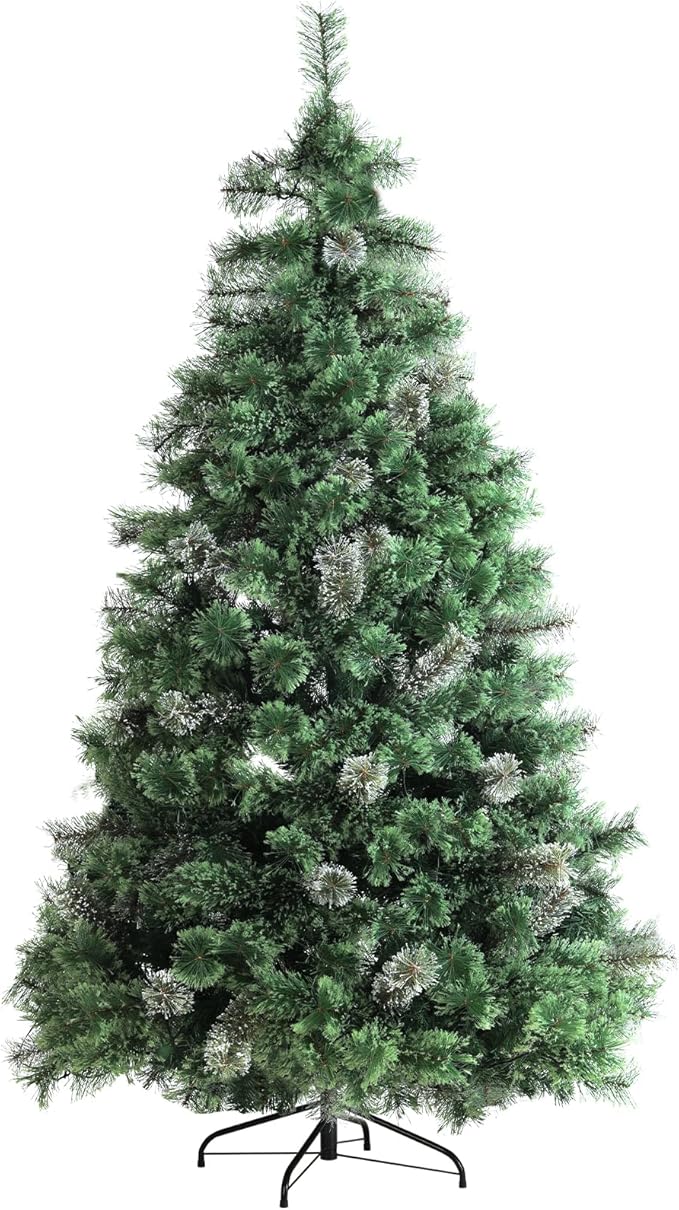 Arlopu 9ft Pre-lit Artificial Cashmere Christmas Tree, Snow Flocked Prelighted Pine Needle Xmas Tree, W/Warm White Lights, Tips, Foldable Metal Base for Home Store Party Holiday Decoration