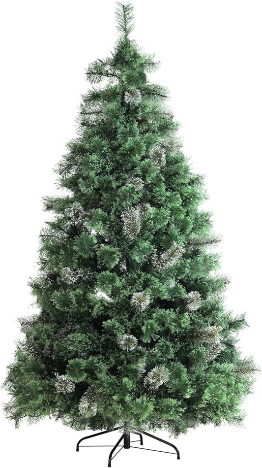 Arlopu 6ft Pre-lit Artificial Cashmere Christmas Tree, Snow Flocked Prelighted Pine Needle Xmas Tree, W/Warm White Lights, Tips, Foldable Metal Base for Home Store Party Holiday Decoration