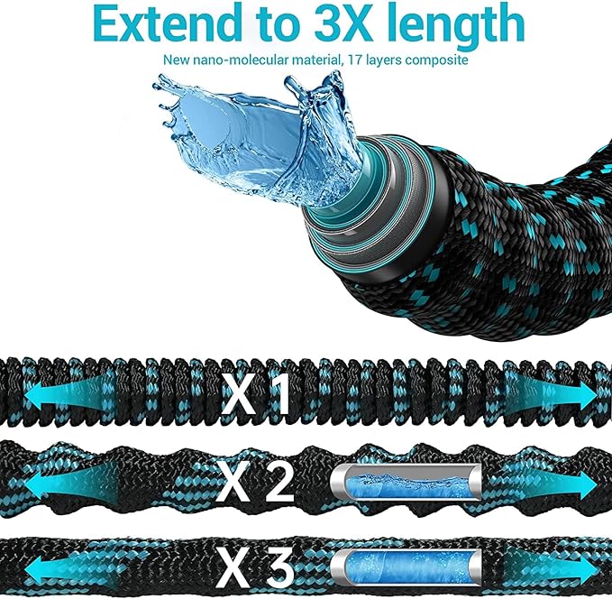 75 ft Expandable Garden Hose with 10 Function Nozzle Sprayer, Lightweight Flexible Water Hose with Durable Collapsible Latex Core & Solid Brass Fittings, 75ft Retractable Stretch Hose(Black Blue)
