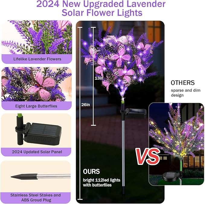 Kohlrabi Solar Garden Lights Outdoor, 4 Pack Purple Lavender Solar Butterfly Lights Gardening Gifts for Women, Purple Artificial Flower with Butterfly Garden Decor for Lawn Patio