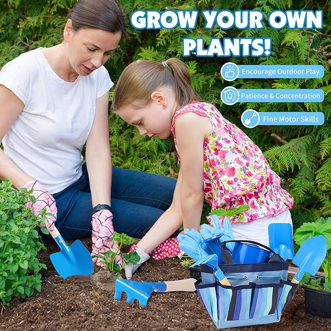 Kids Gardening Tools Set, Toddler Play Kit Child Outdoor Toy with Gloves, Watering Can, Metal Shovel, Rake, Spade & Storage Bag, Backyard Sand Digging Birthday for Boys Girls 3-5 (Blue)