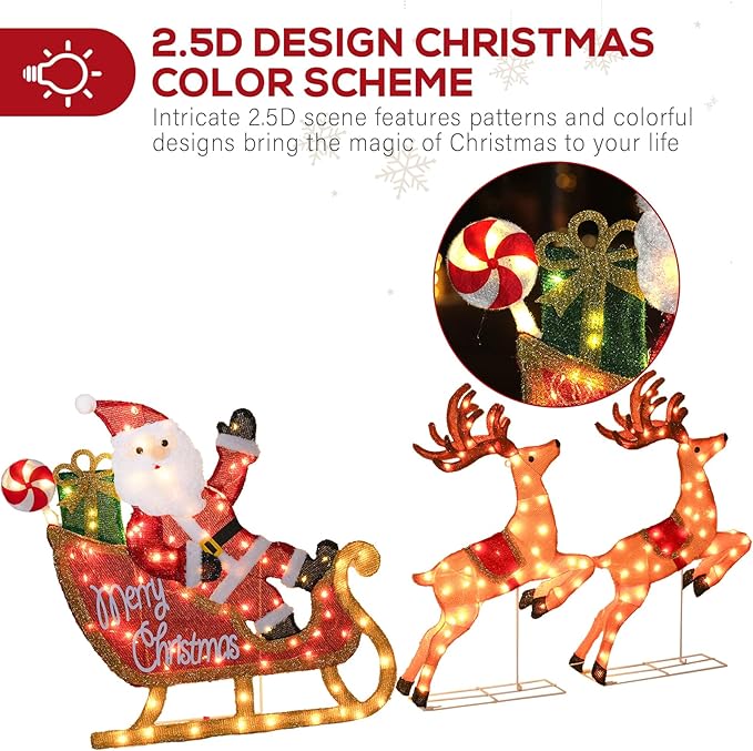 Hykolity 2.5D Santa Sleigh Ride Iron Outdoor Christmas Decoration, 170 Warm White LEDs with UL Transformer, Stained-Glass Fabric Figures Yard Decor