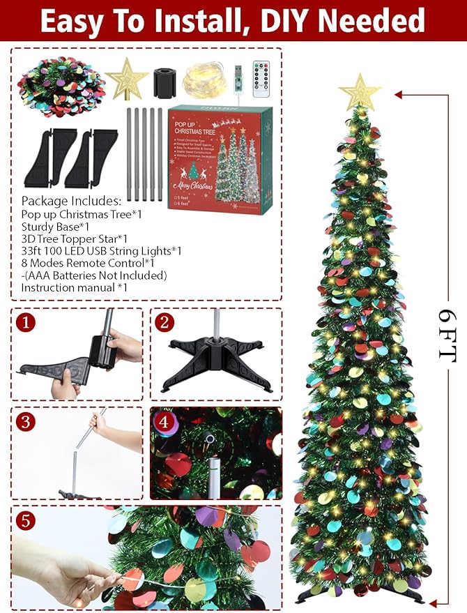 HMASYO 6 FT Pop Up Christmas Tree with 100 LED Lights & Remote, Green Christmas Tinsel Tree, Collapsible Artificial Pencil Tree for Home Office Party Decor, USB Powered Timer Lights, Easy Assembly