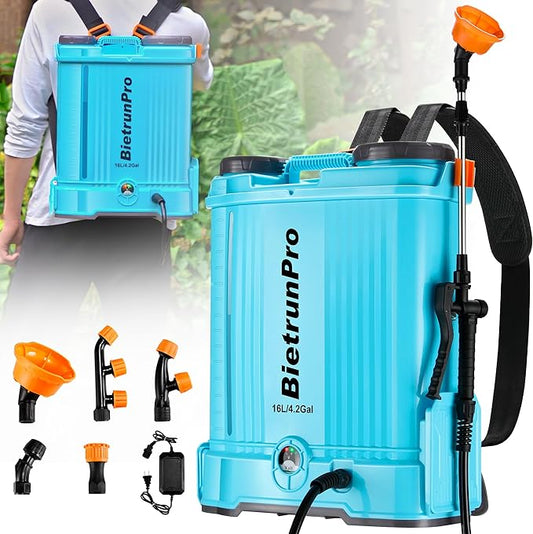 4 Gallon Battery Powered Backpack Sprayer with Mixer, 100 PSI Powerful Pressure Weeds Insecticide Pesticide Electric Sprayer, 31.50 in Metal Spray Pole, 5 Nozzles, Ergonomic Backpack, for Lawn Garden