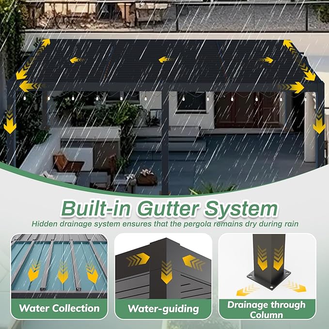 LVUYOYO Outdoor Louvered Pergola 10' x 20' with LED String Lights, Aluminum Pergola with Adjustable Roof, Waterproof Metal Gazebo for Patio, Backyard, Garden, Deck (10x20FT with Lights)