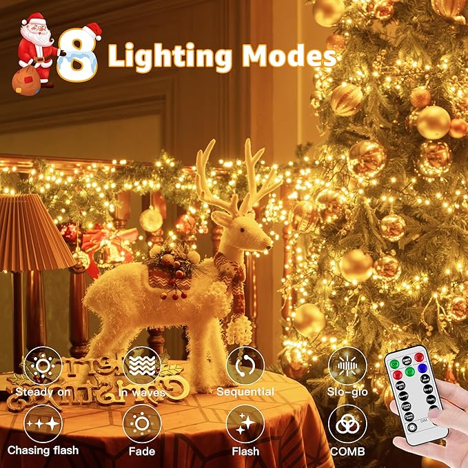 500 LED 25 FT Cluster Lights, Warm White Christmas Tree Lights 8 Modes Timer Remote, Waterproof String Lights for Indoor Outside Garland Xmas Decorations