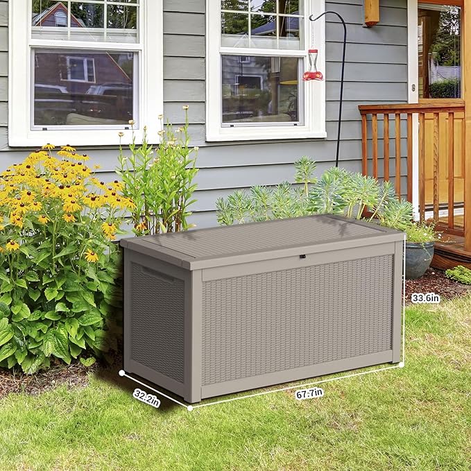 DRATO 260 Gallon Deck Box, Outdoor Large Waterproof Resin Storage Box with Lockable Lid for Patio Cushions, Gardening Tools, Light Brown