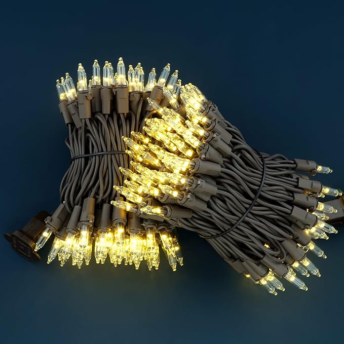 YULETIME 200 Warm White Christmas Lights, Pack of 2 Strands of 21 ft 100 Count UL Certified Mini String Light (Warm White - Brown Wire)